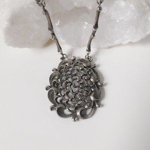 Vintage Pewter Filigree Art Nouveau Openwork Oval Silver Pendant Chain Necklace